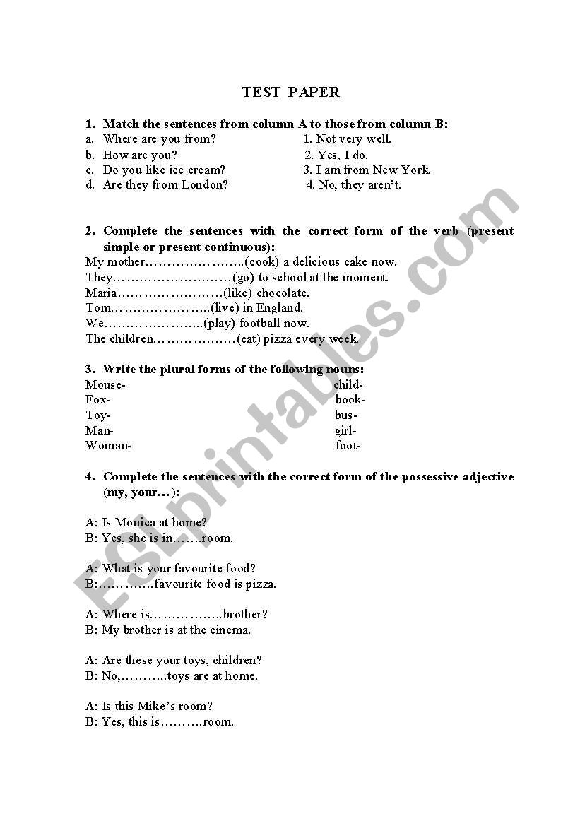 test paper worksheet