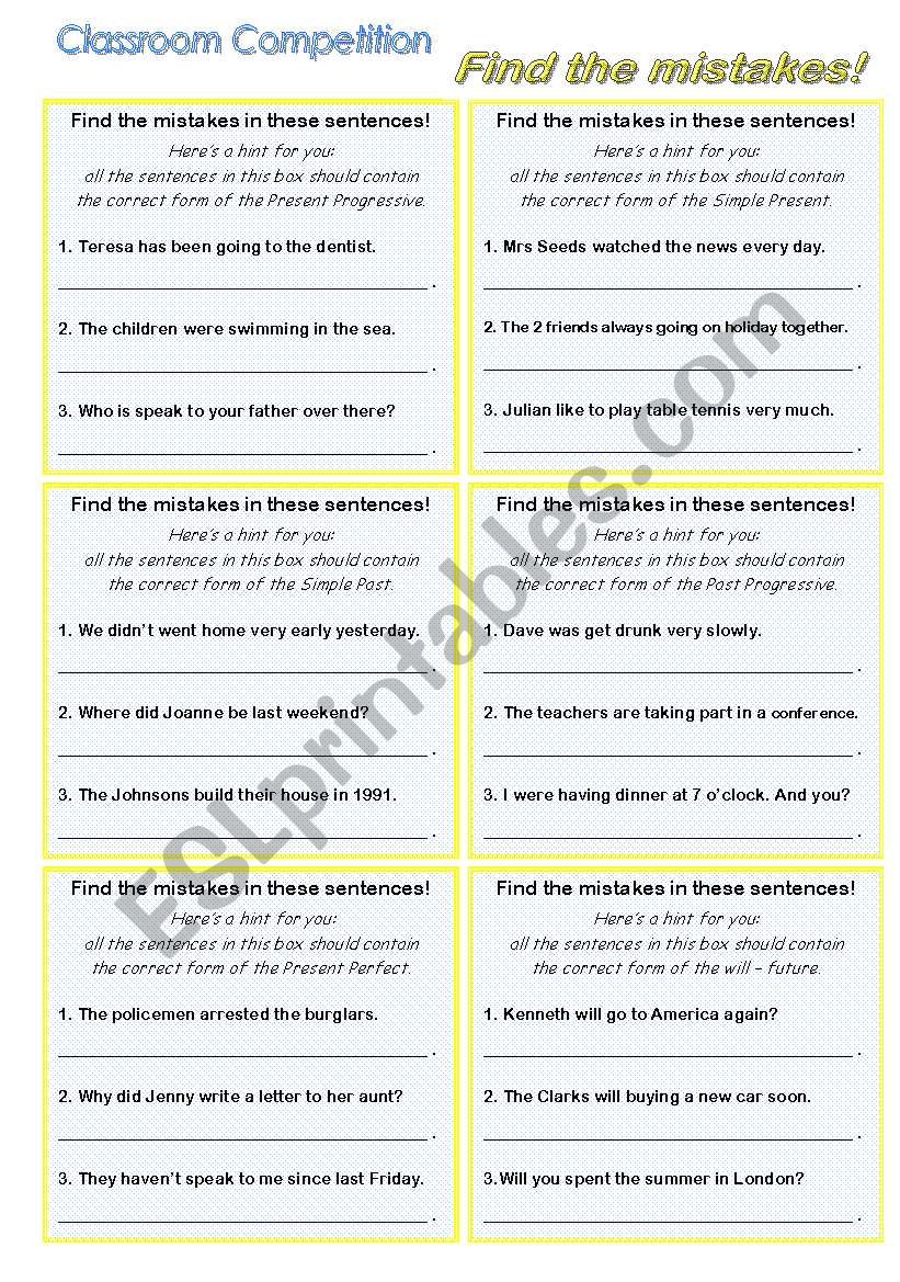 classroom competition; ERROR DETECTION; correcting sentences; grammar game (revision of tenses); B&W VERSION PLUS KEY INCLUDED AND EDITABLE!!