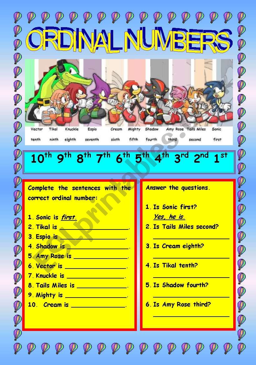 ORDINAL NUMBERS 1-10 PART 1/3 worksheet