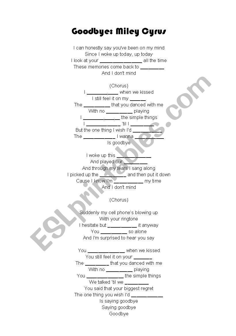 Goodbye: Miley Cyrus worksheet