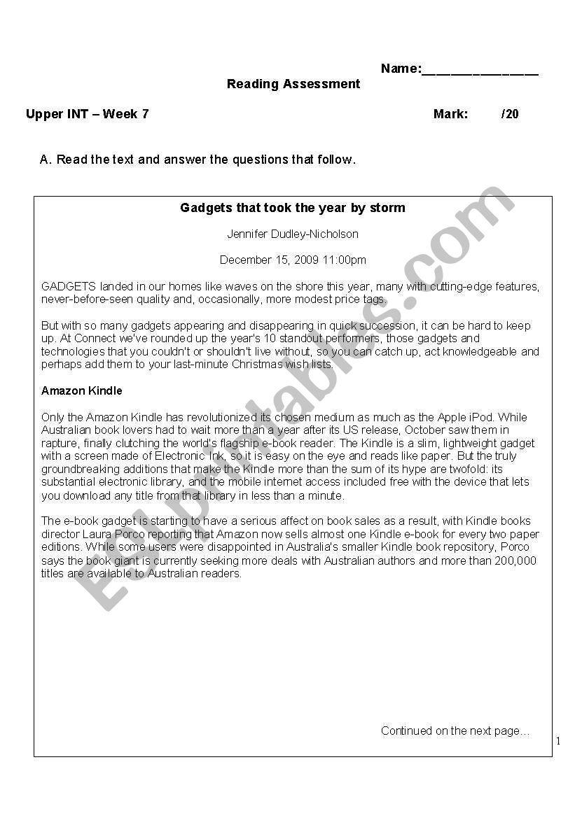 Upper Intermediatte Reading Skill Exam
