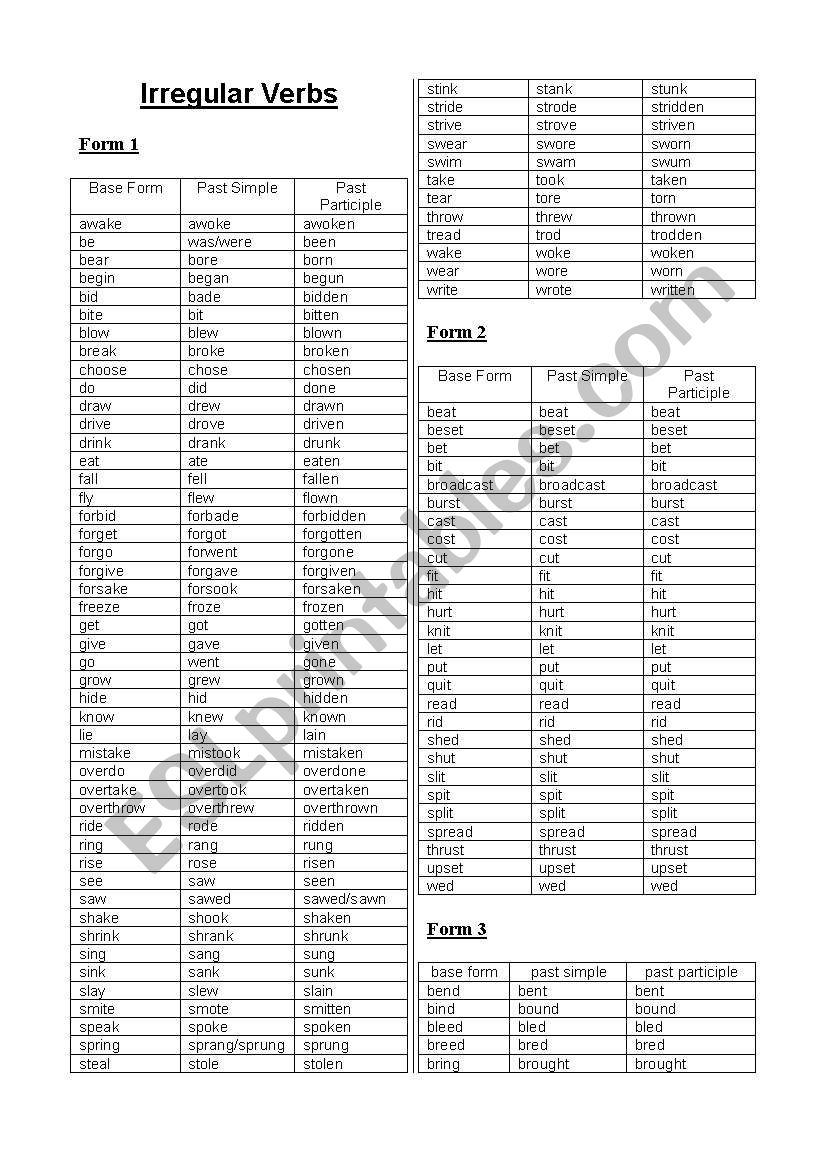 irregular ver form worksheet