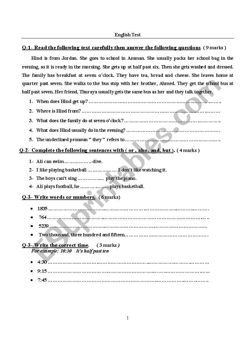 test worksheet