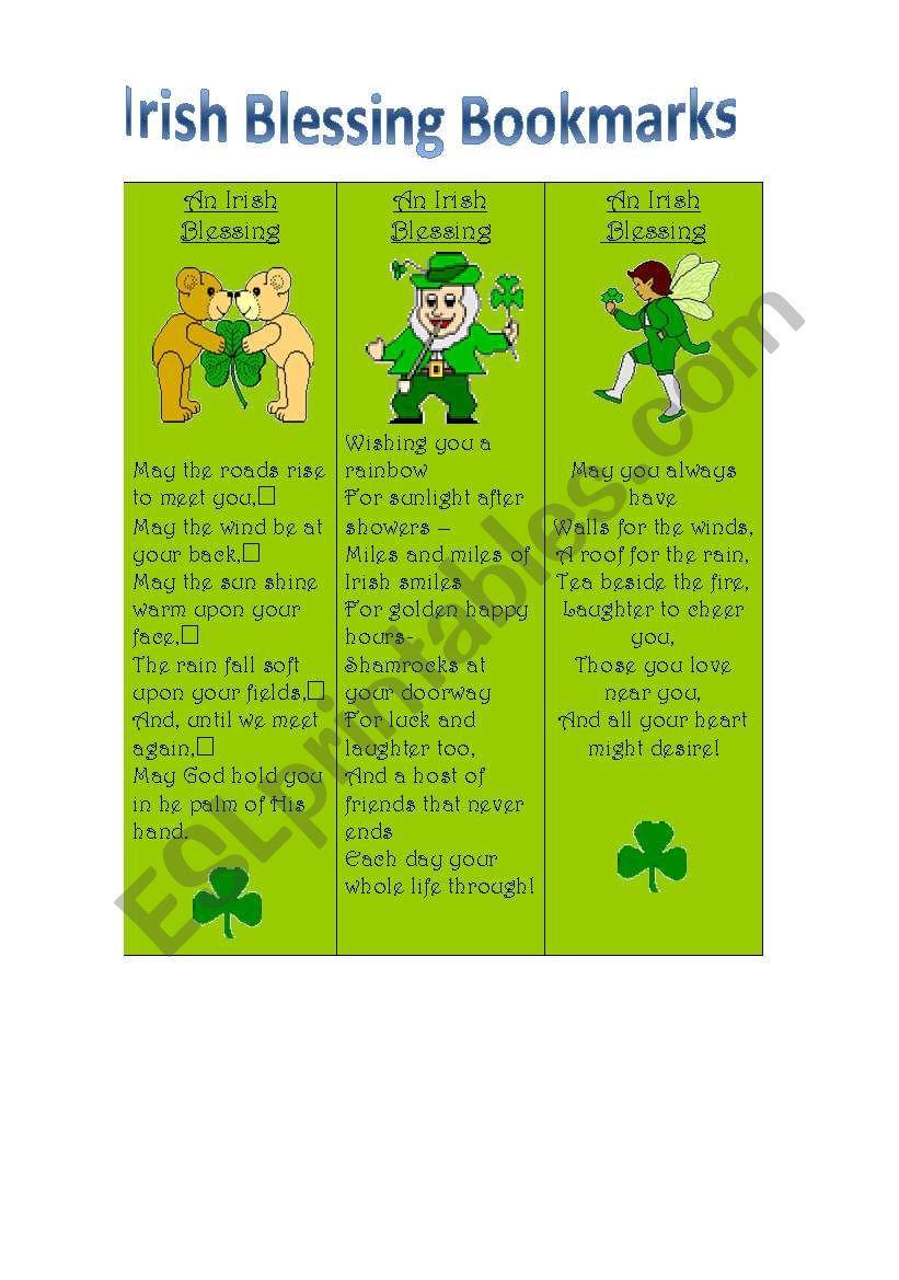 Irish Blessing Bookmarks worksheet