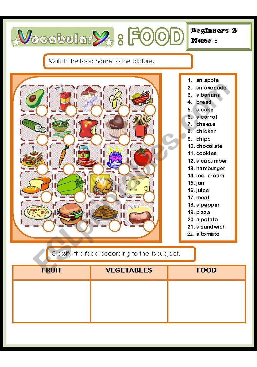 food worksheet