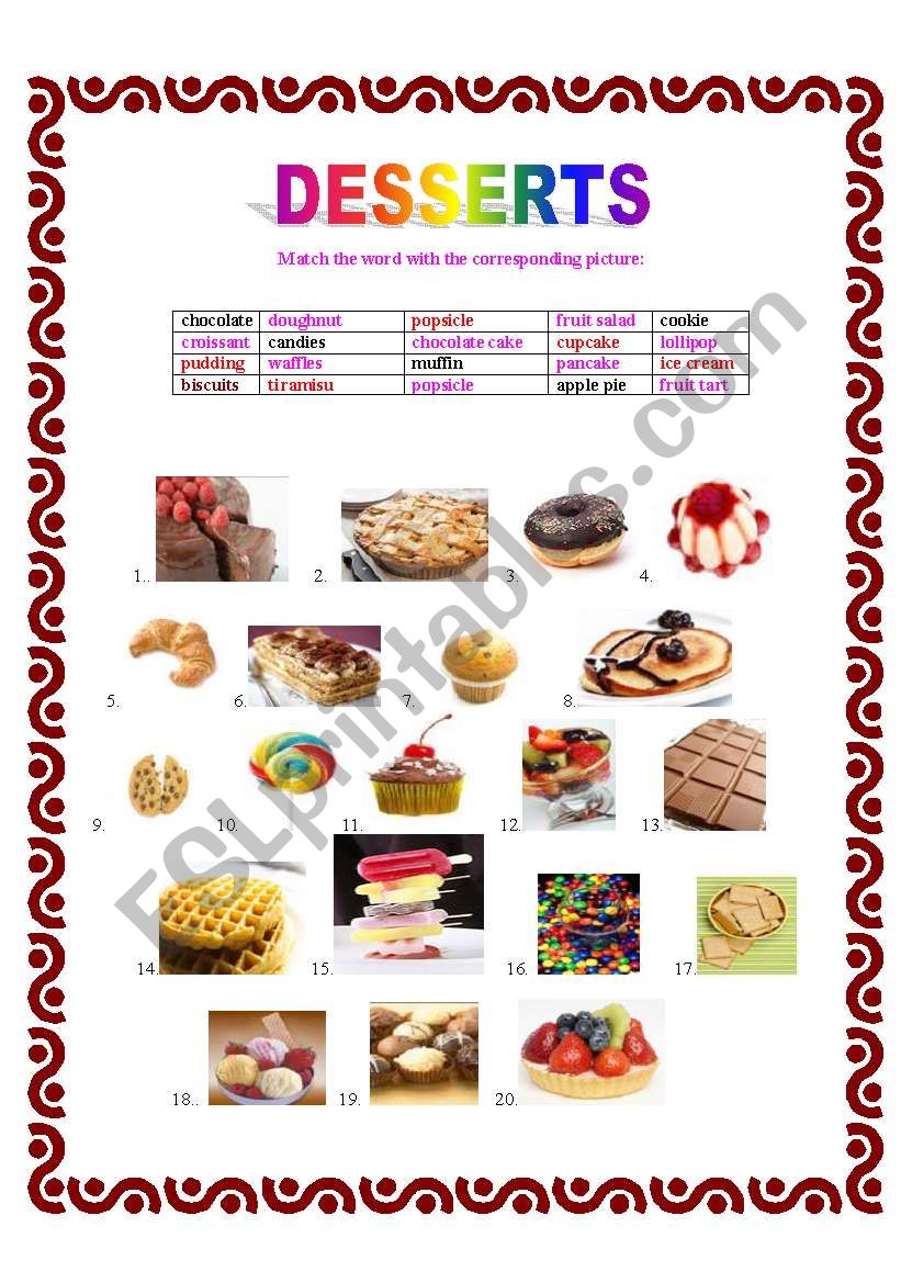 Desserts worksheet