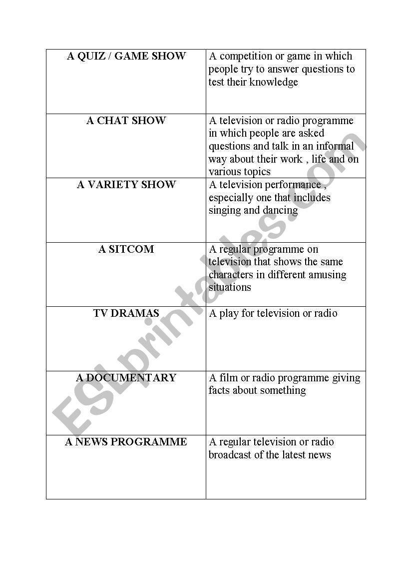 TV programmes - vovabulary worksheet