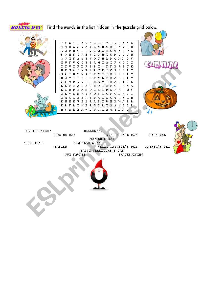 festivities wordsearch worksheet