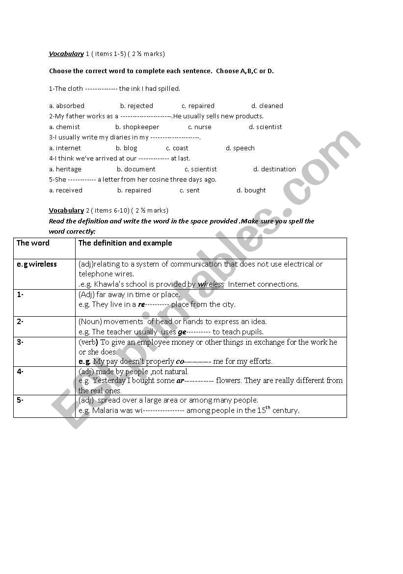 vocabulary quiz worksheet