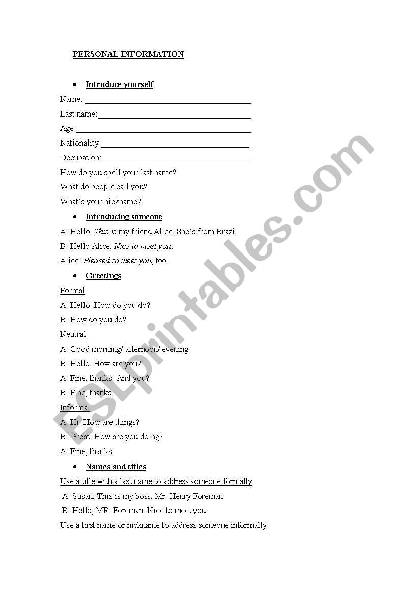 Personal Information worksheet