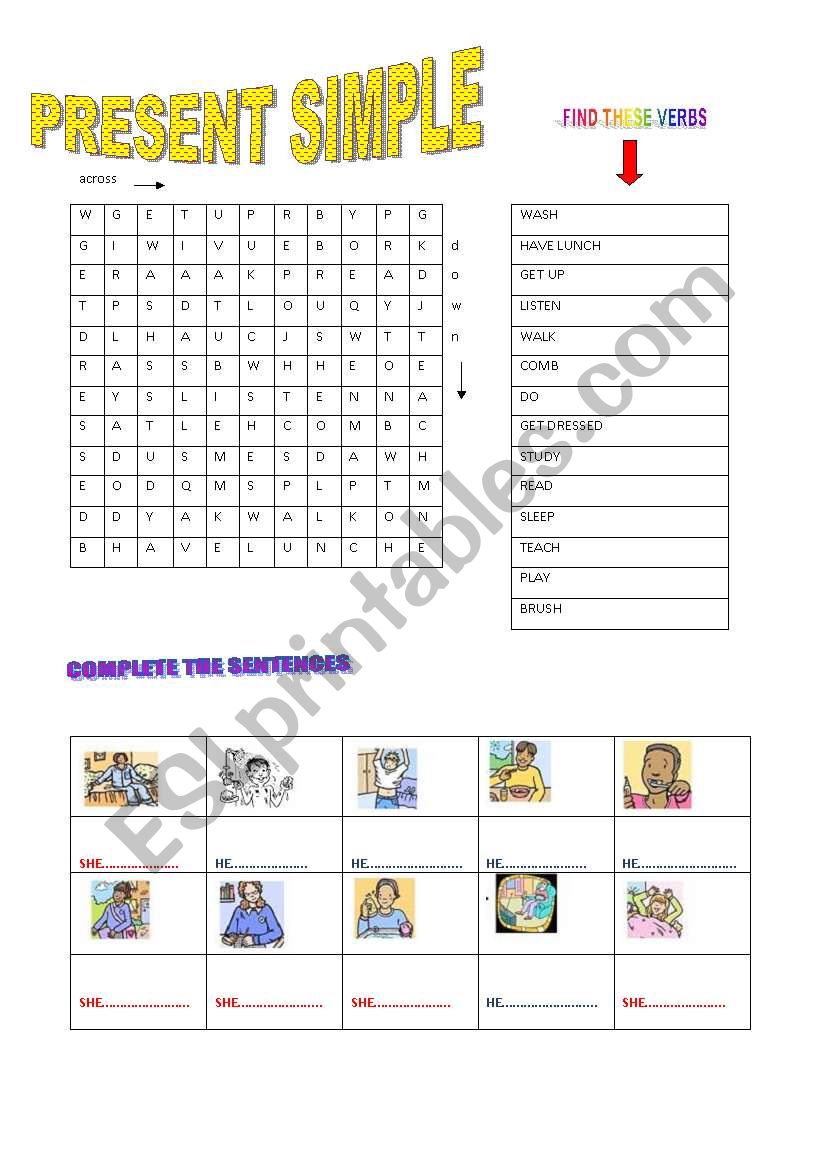 Present simple wordsearch worksheet