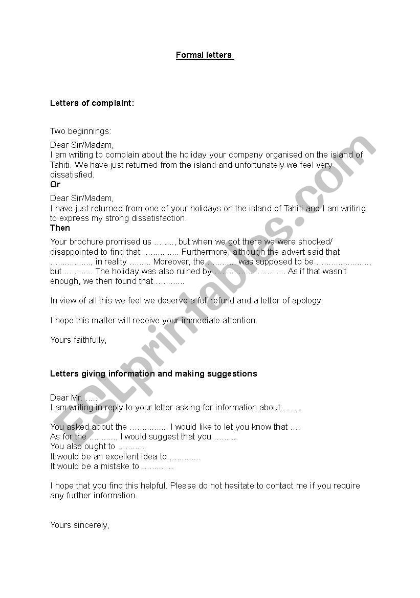 formal letter worksheet