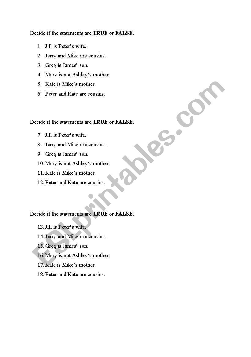 family tree t/f worksheet