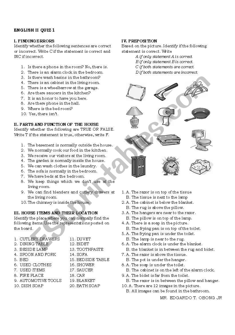 TEST IN THERE IS/THERE ARE: PREPOSITIONS: HOUSE PARTS AND FURNITURE