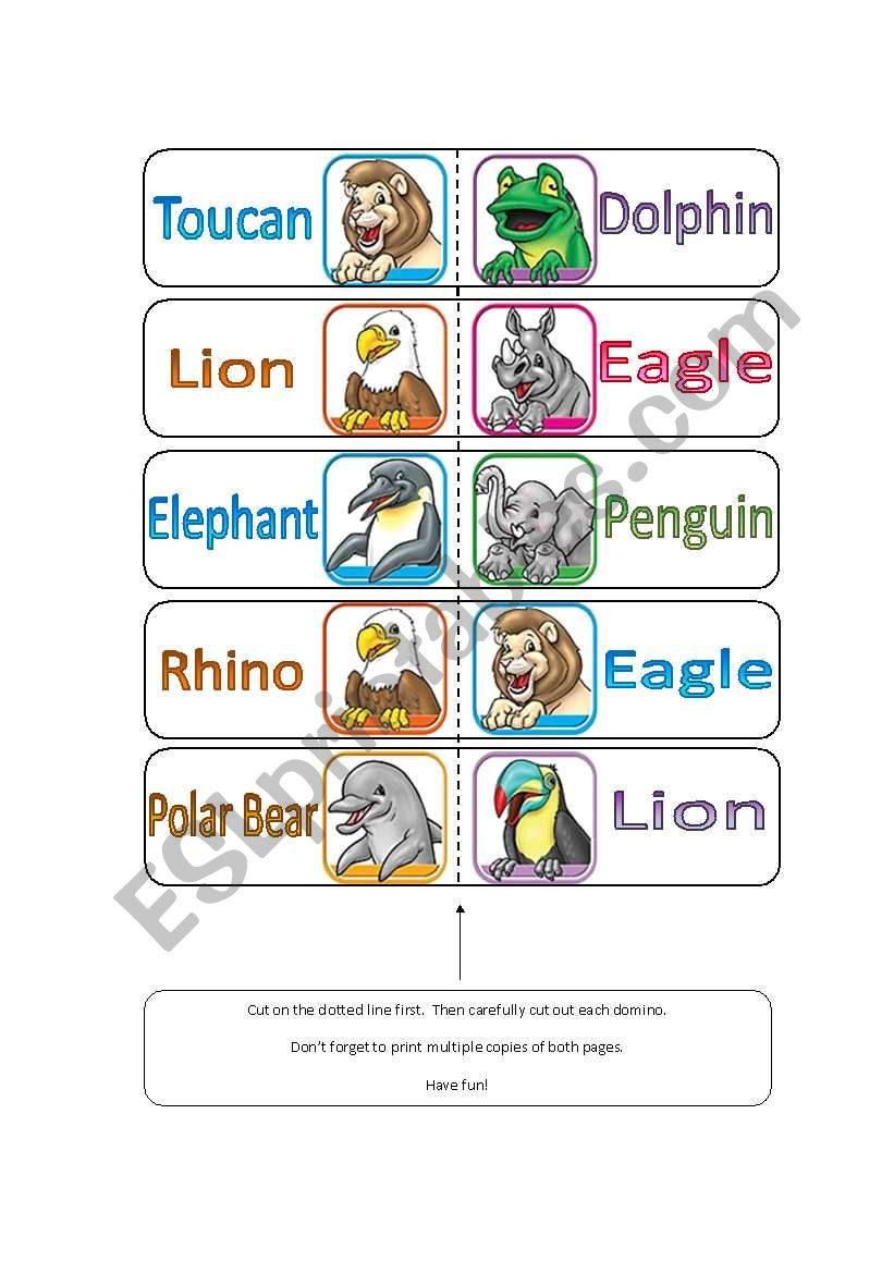 Animal Dominoes (20 dominoes with a total of 10 animals)