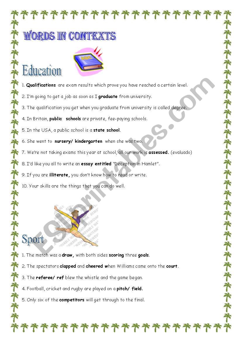 Lists of vocabulary in context