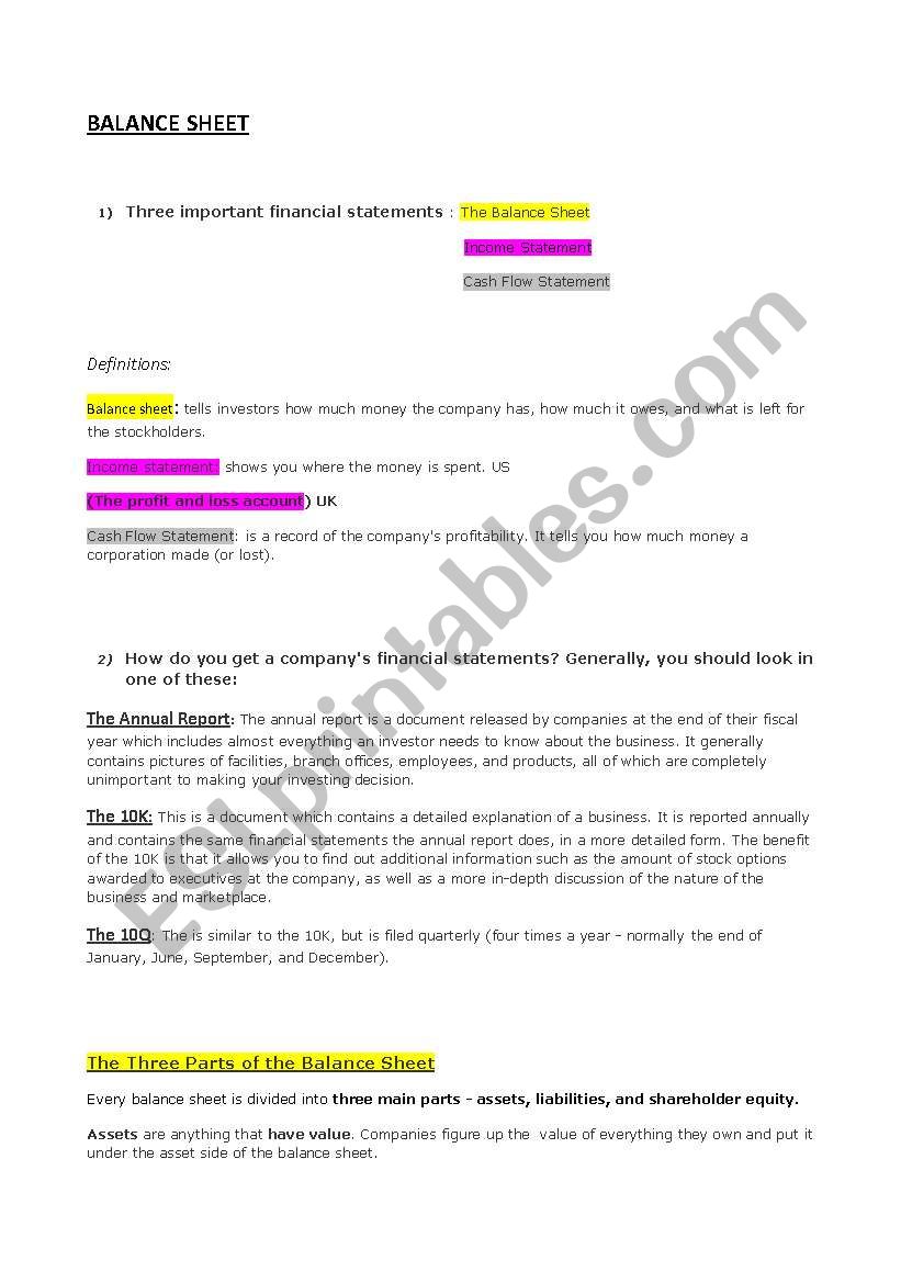 balance sheet  worksheet