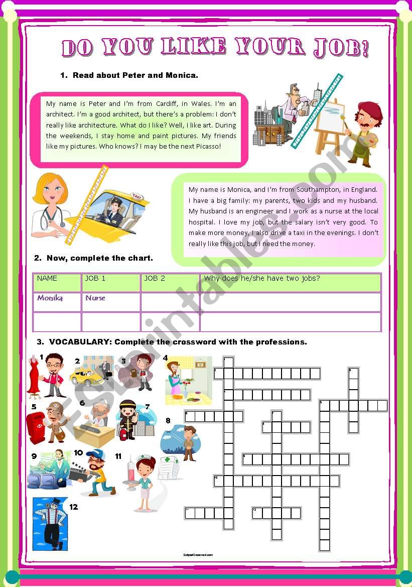 Professions + simple present. Reading comprehension plus vocabulary activity with crossword.