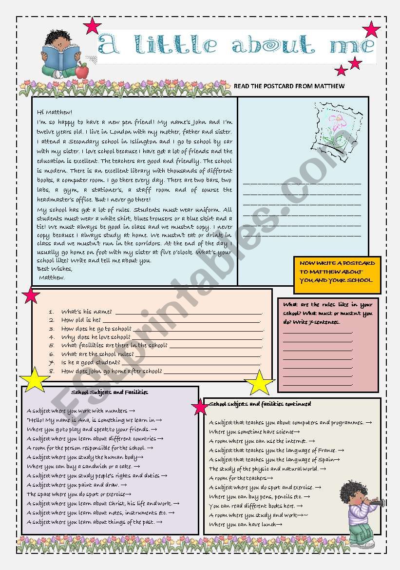 A postcard about school life worksheet