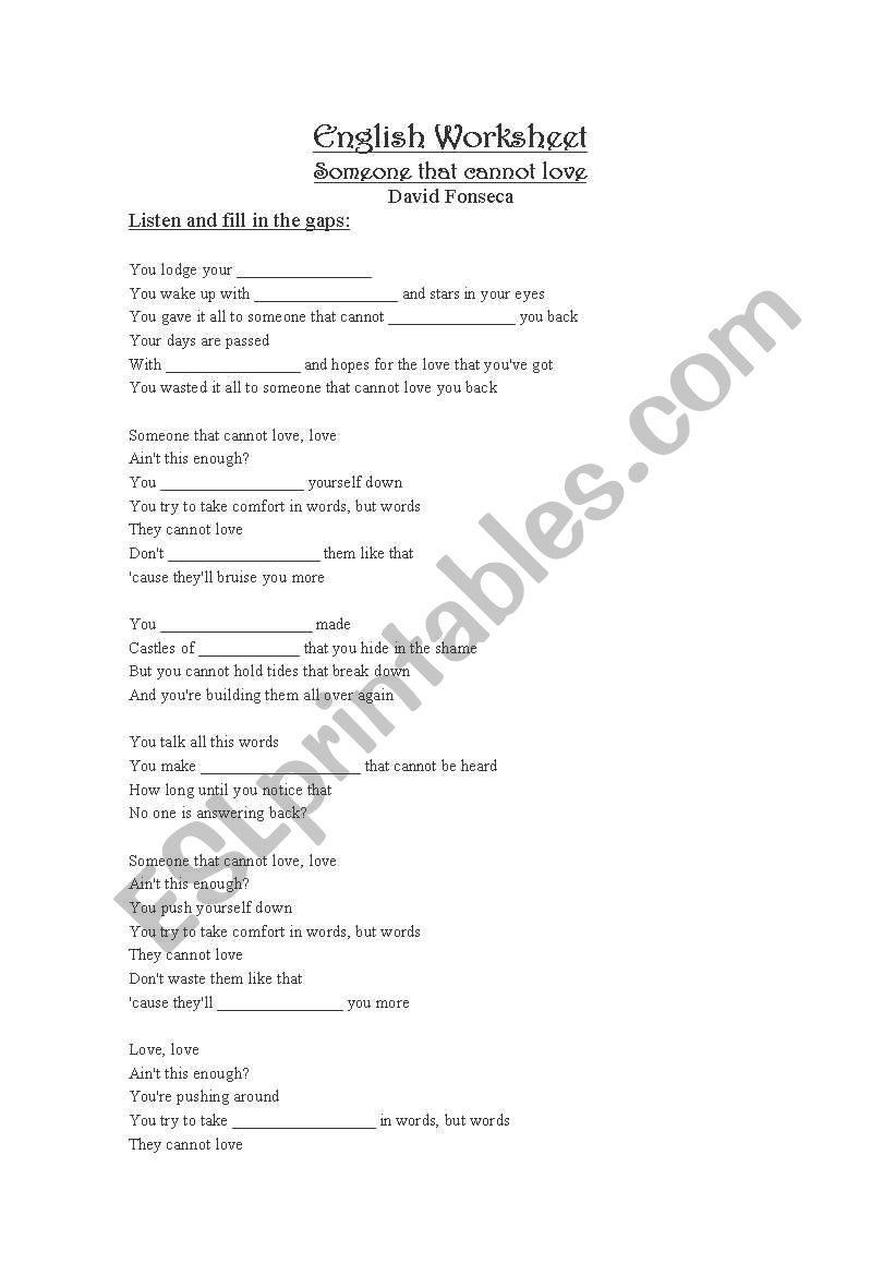 david fonseca lyrics worksheet