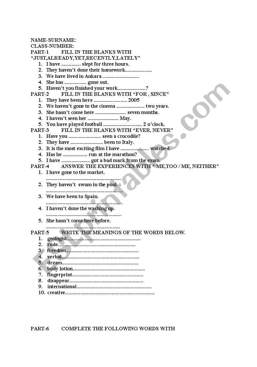 exam worksheet
