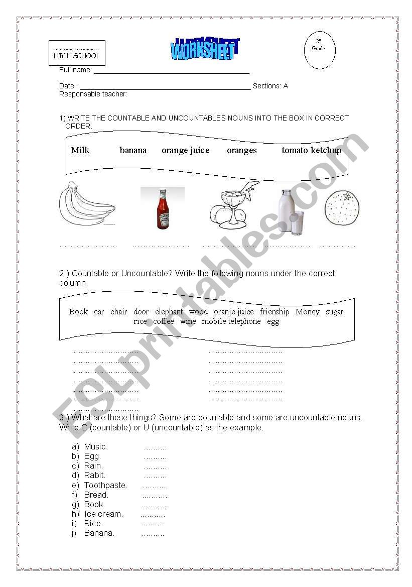 countables and uncountables worksheet