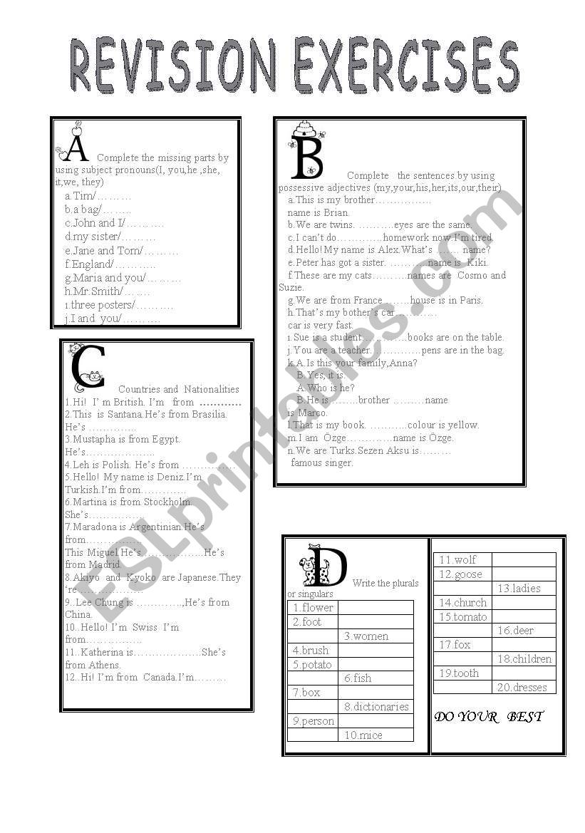 singular /plural-subject pronouns/possesive adjectives-countries and nationalities