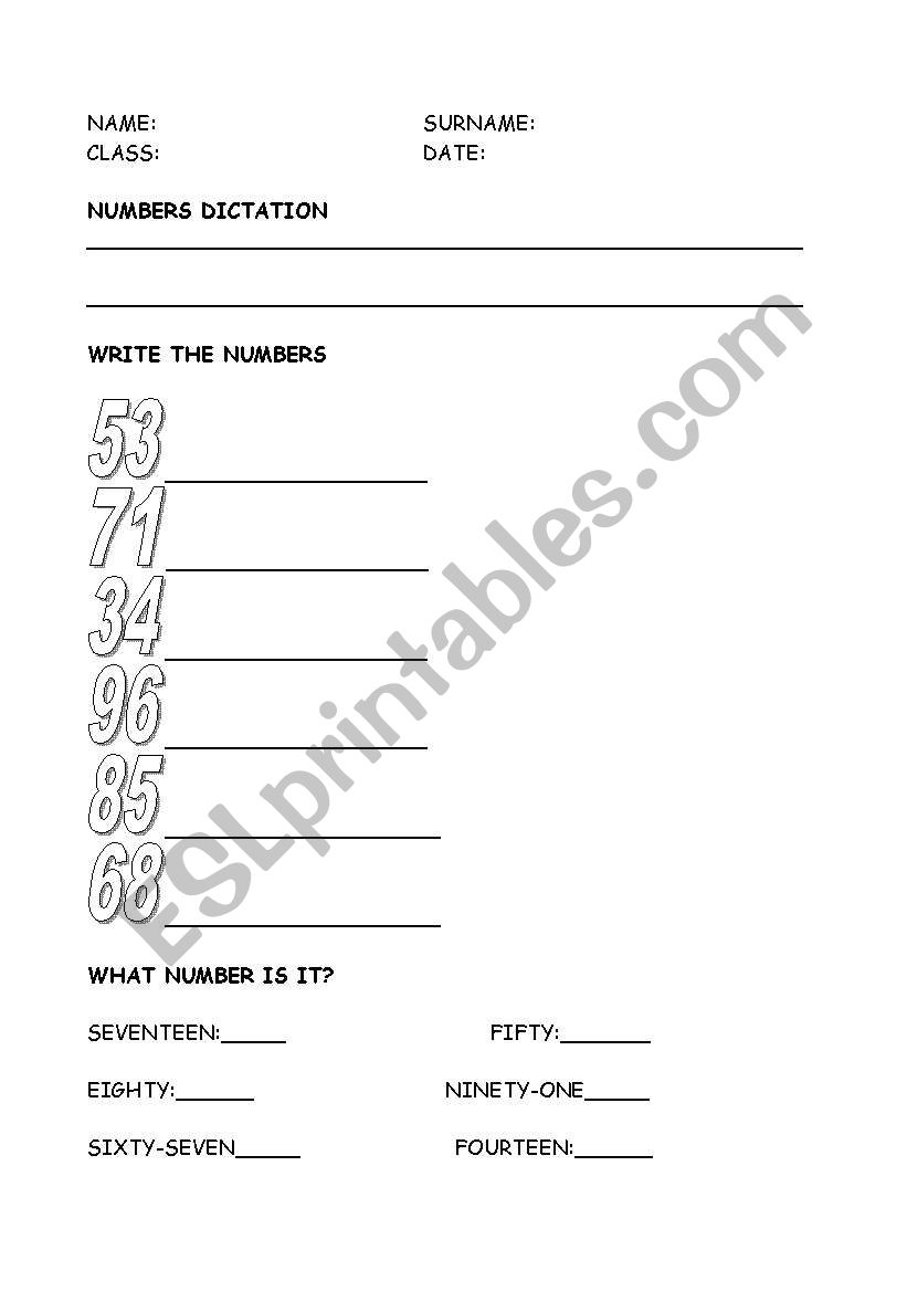 Test (Numbers 20-100) worksheet