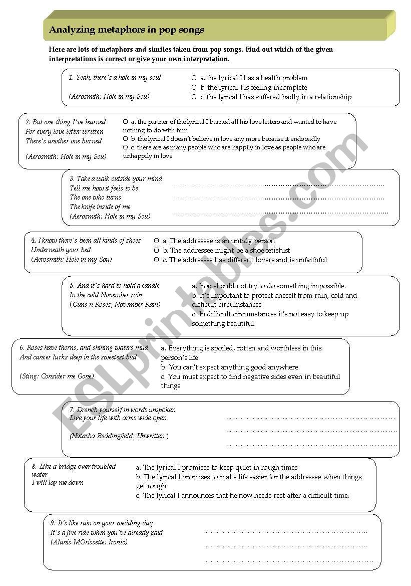 Analyzing Metaphors in Poetry worksheet