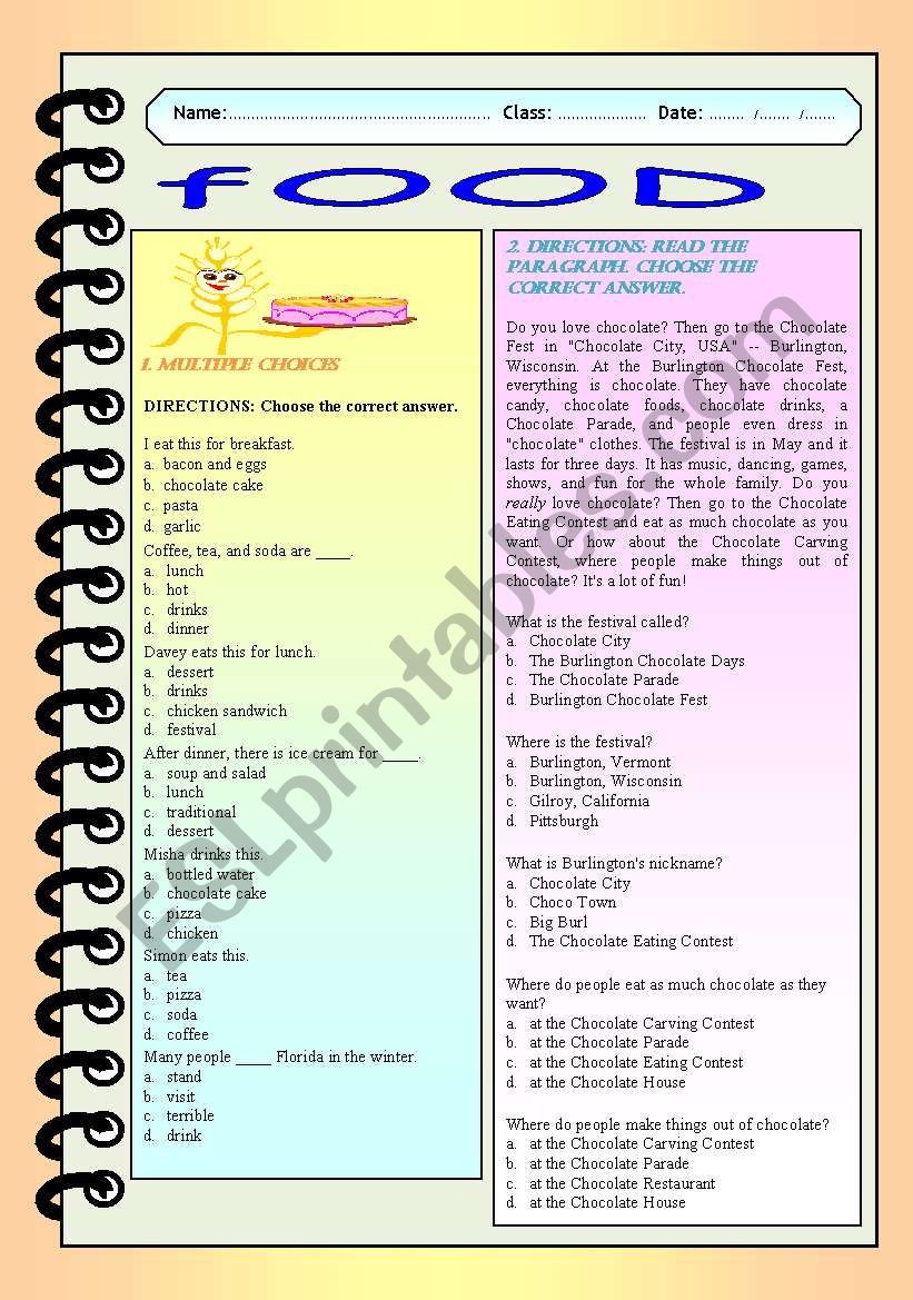 Food Test worksheet