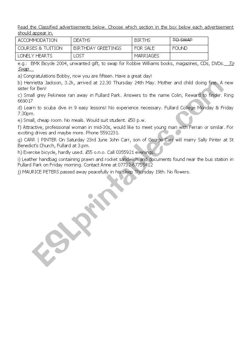 Reading advertisements worksheet
