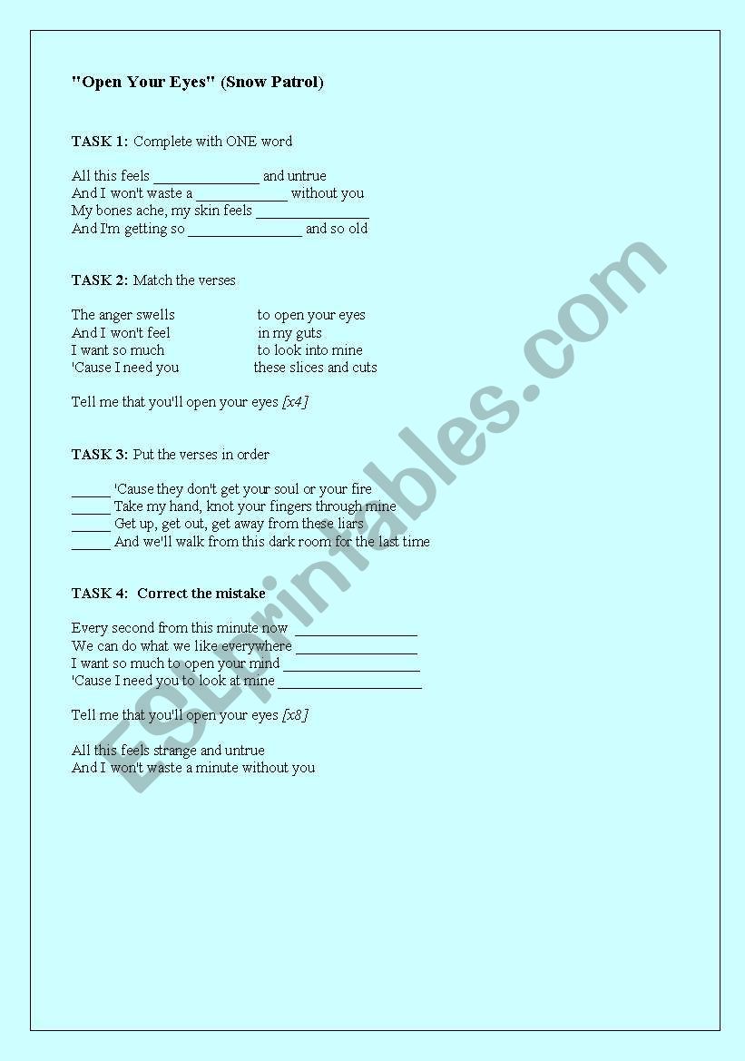 Open your eyes worksheet