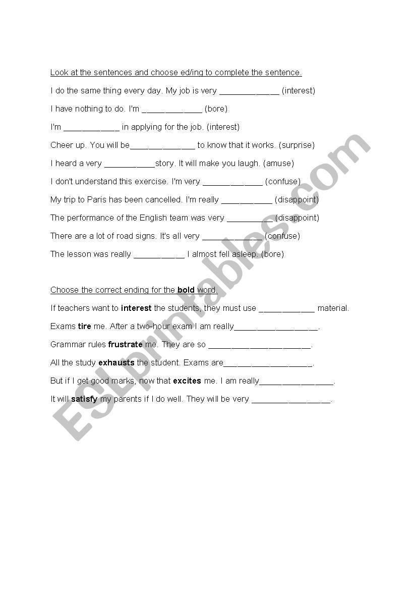 Adjectives ending ed and ing worksheet