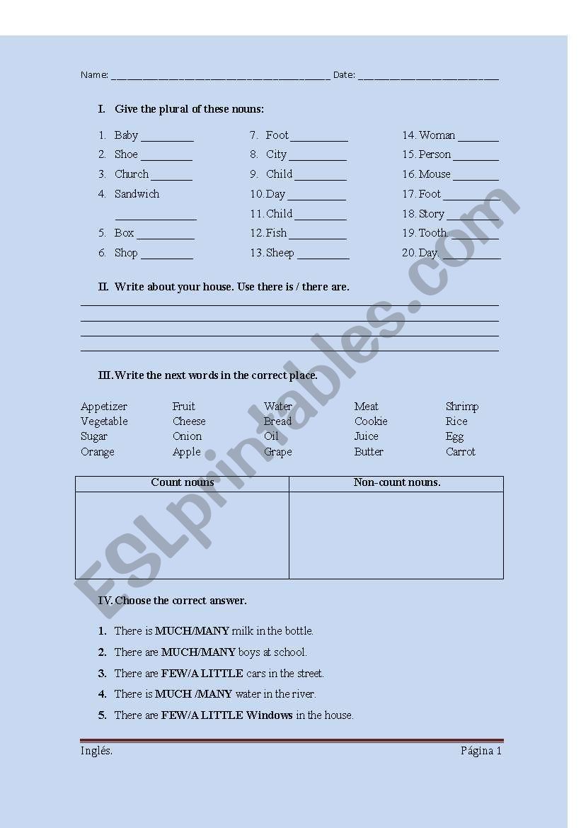 Count and Non-count nouns worksheet