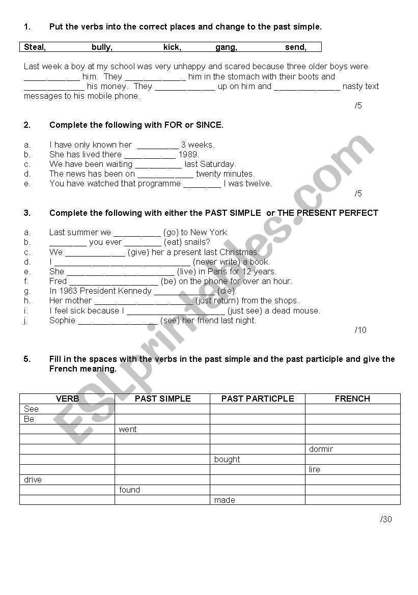 Present perfect with bullying worksheet