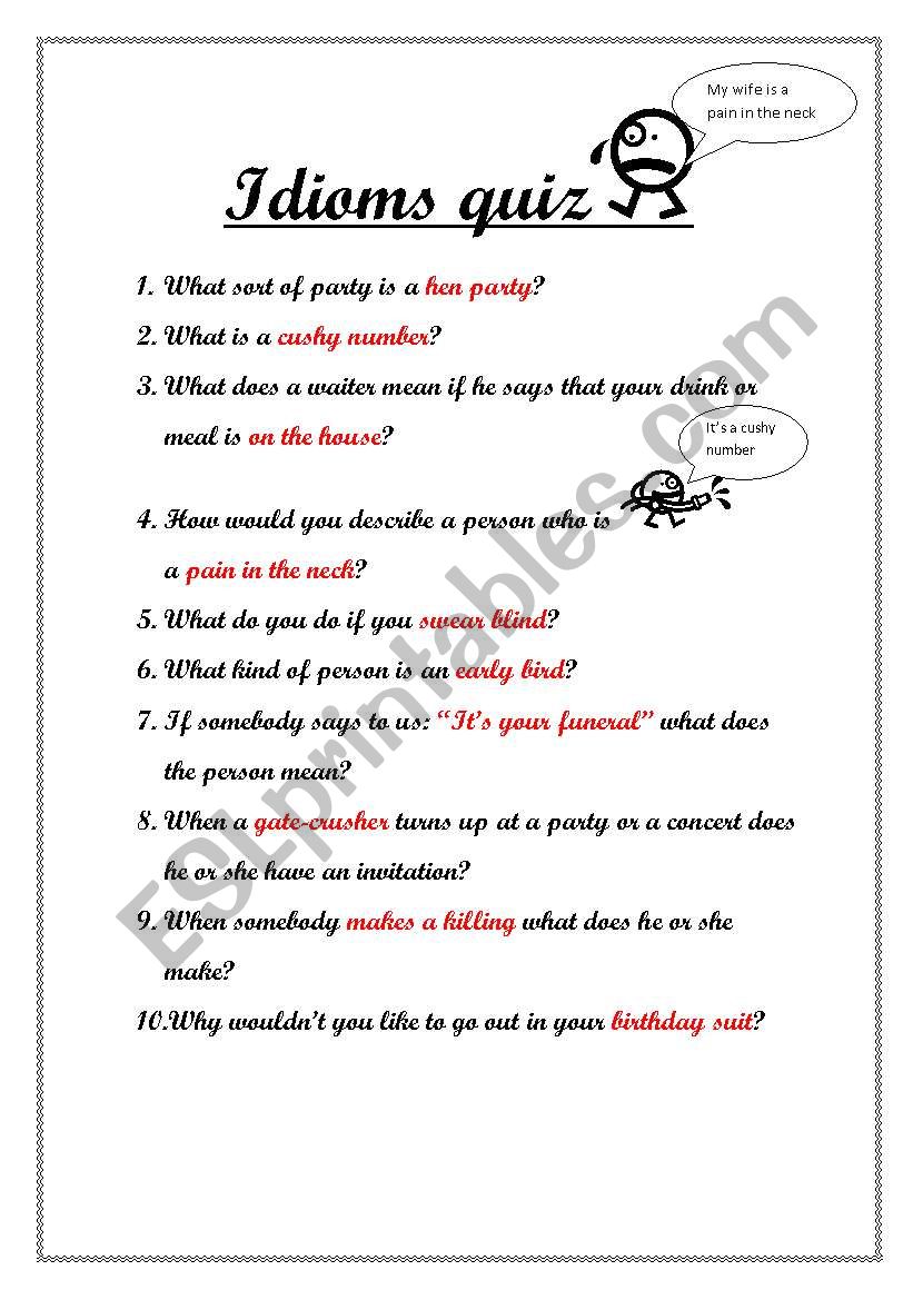 Idioms quiz worksheet