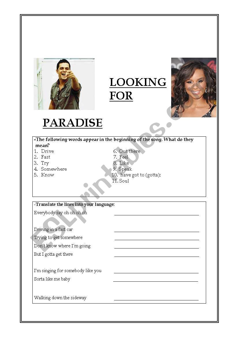 Looking for Paradise worksheet
