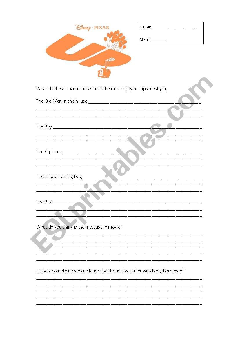 Up Pixar film worksheet worksheet