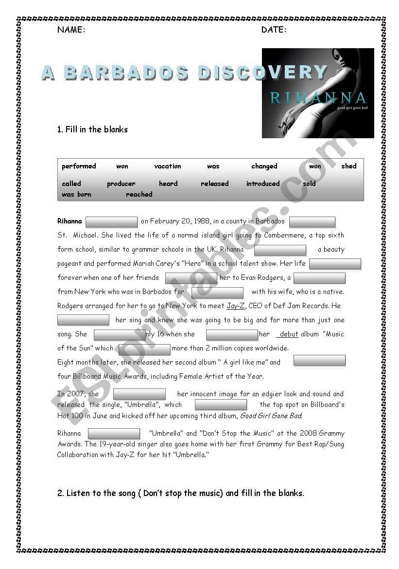 Past Simple with Rihana worksheet