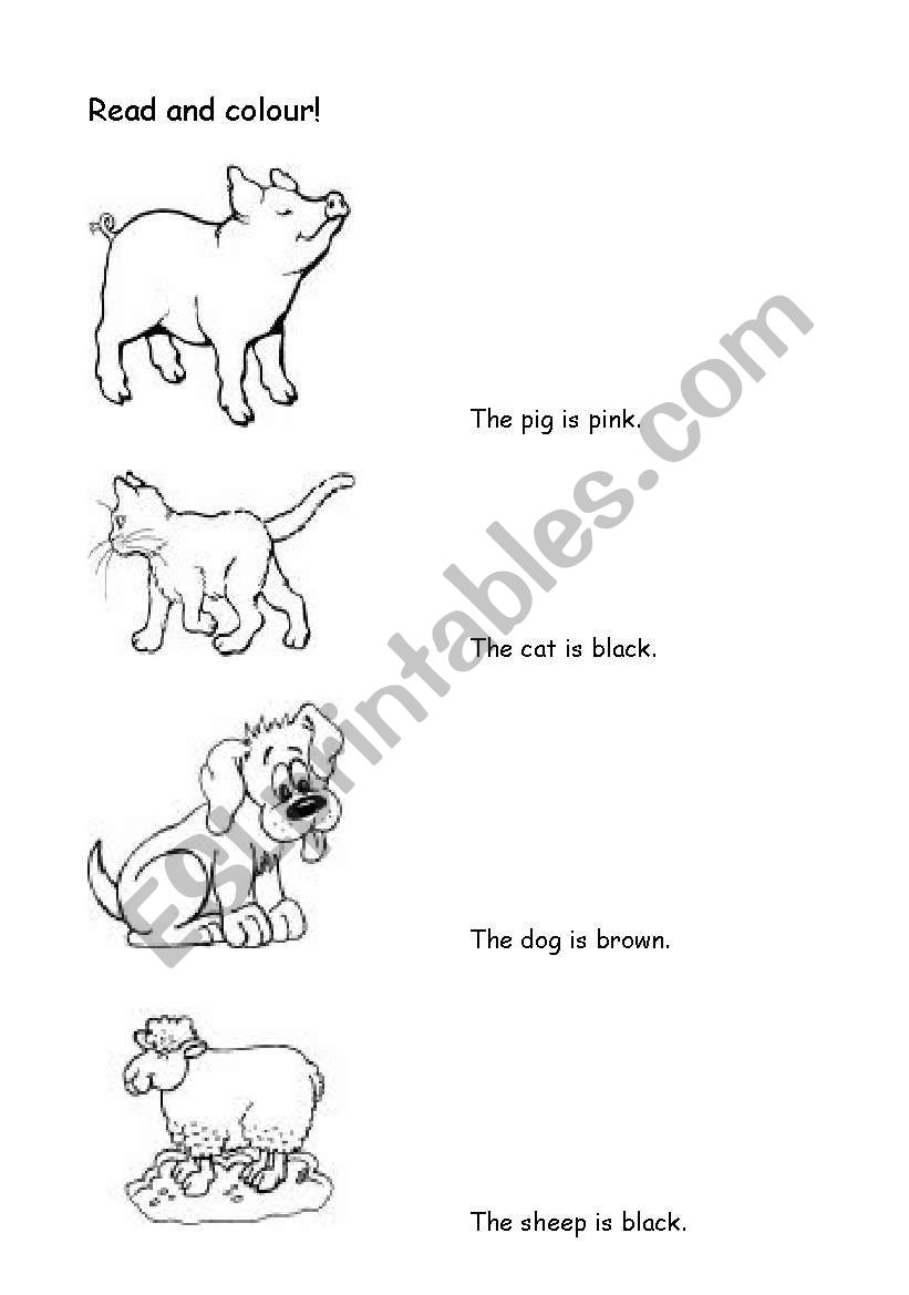 Read and colour farm animals worksheet