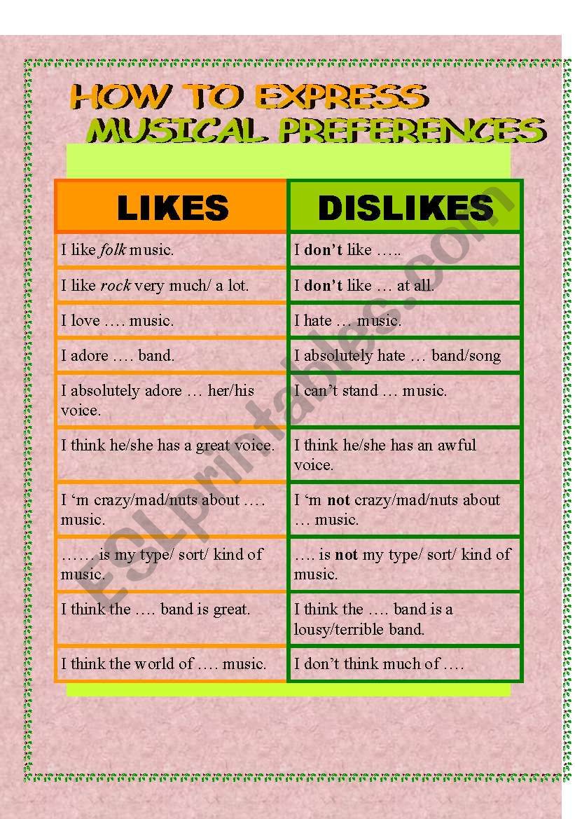 Musical preferences worksheet