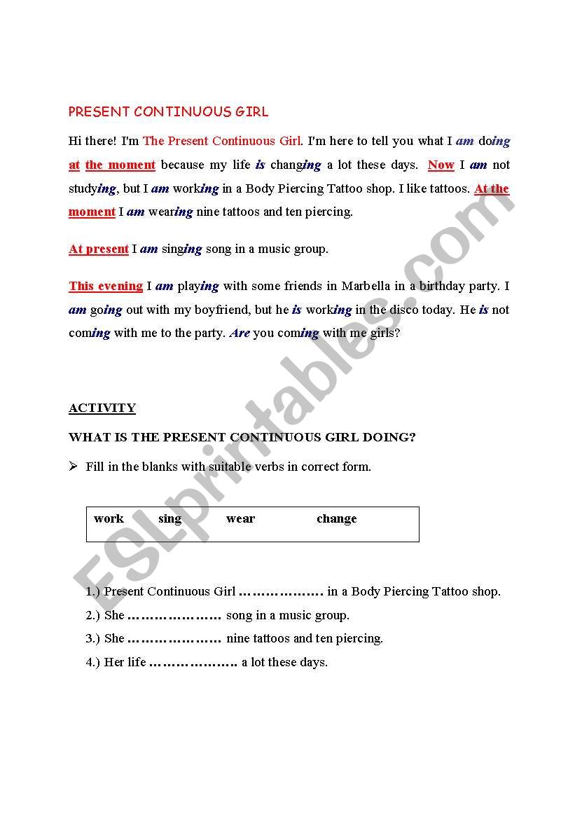 Present Continuous Girl worksheet