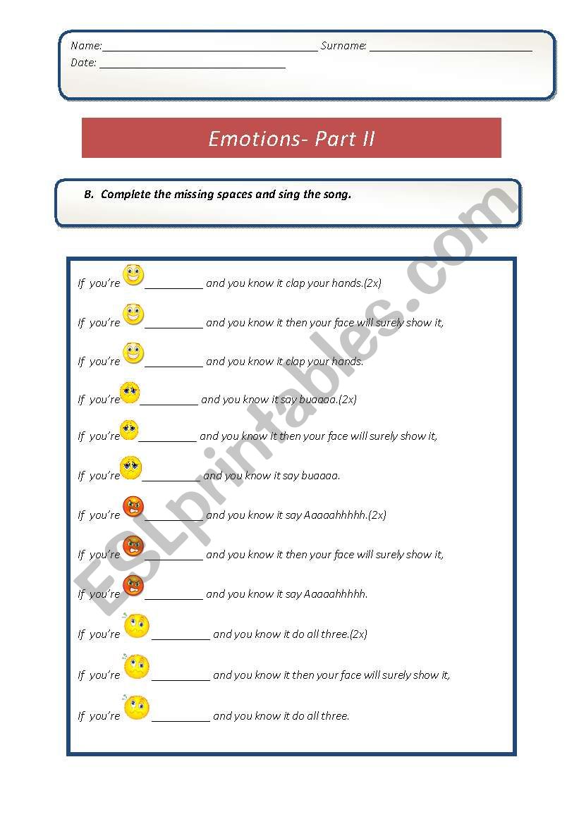 Emotions-part II worksheet