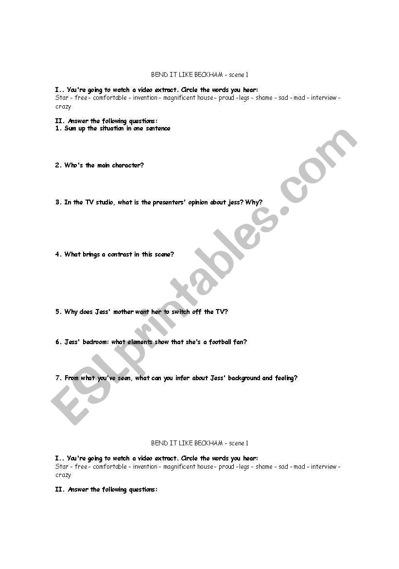 bend it like Beckham, scene 1 worksheet