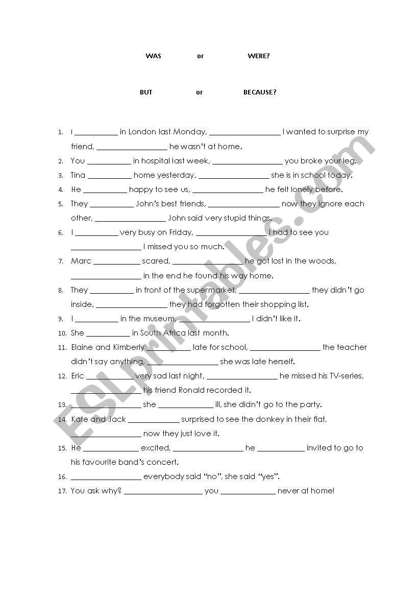 was or were / but or because worksheet