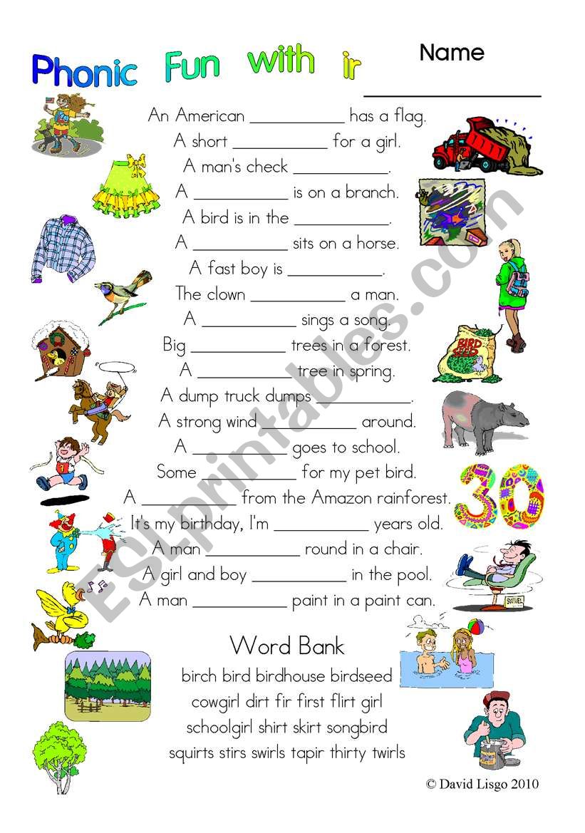 3 pages of Phonic Fun with ir: worksheet, story and key (#12)