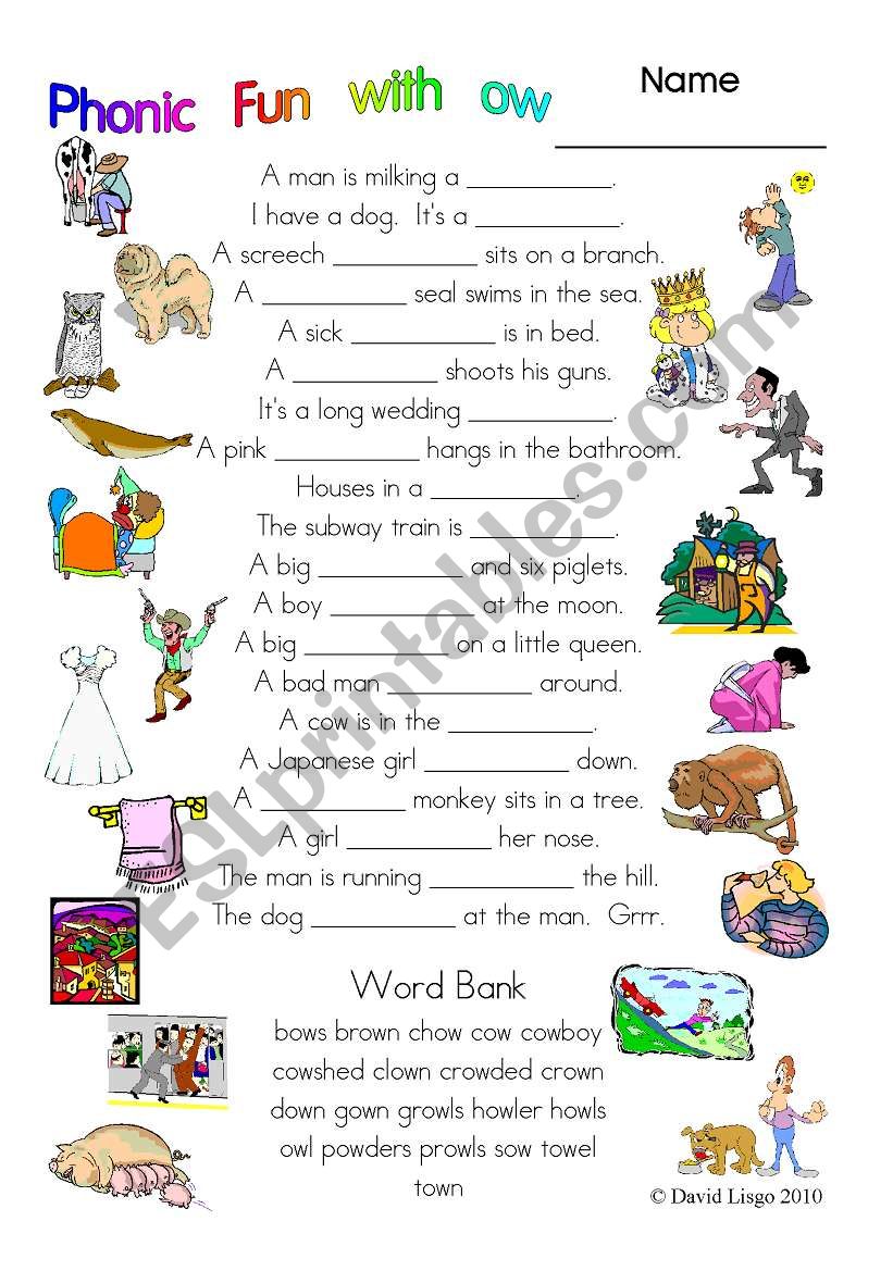3 pages of Phonic Fun with ow: worksheet, story and key (#13)