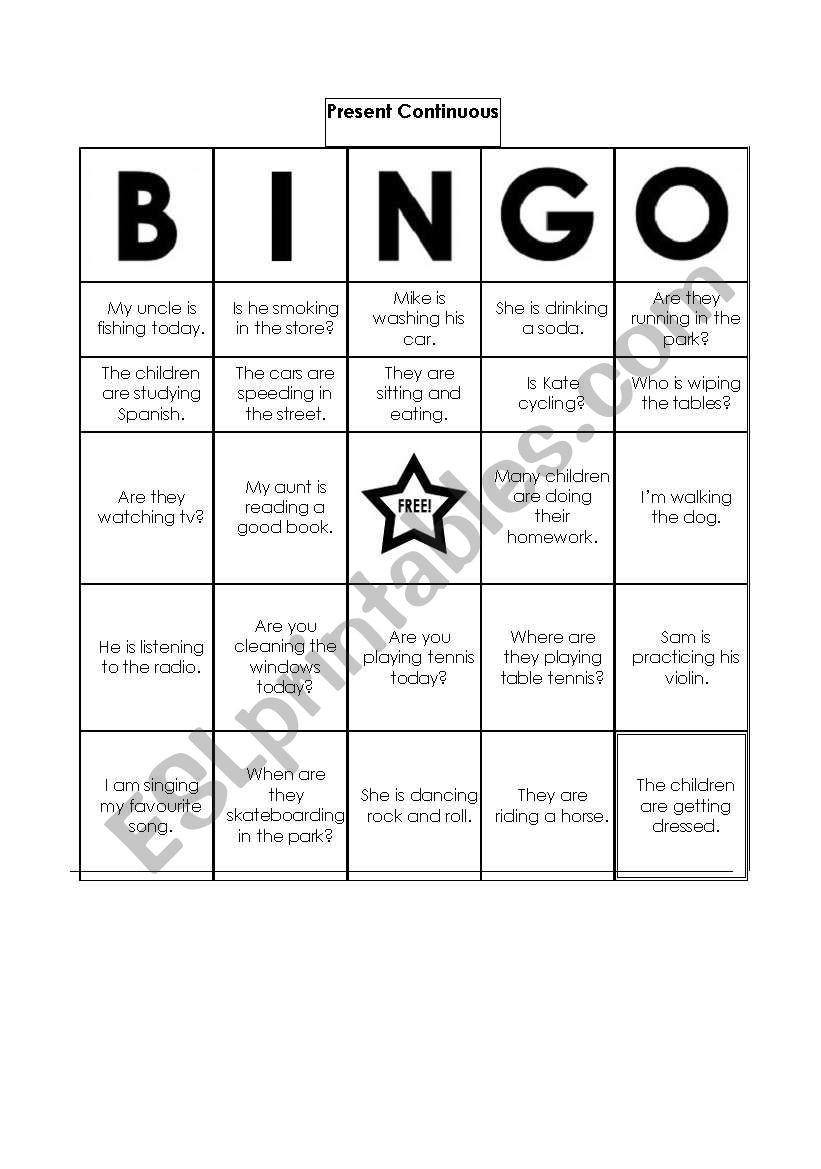 bingo about the present continuous tense