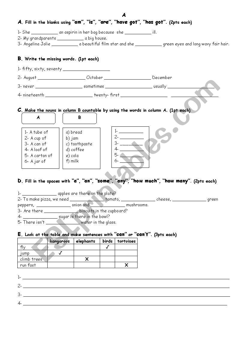 exam sheet  worksheet