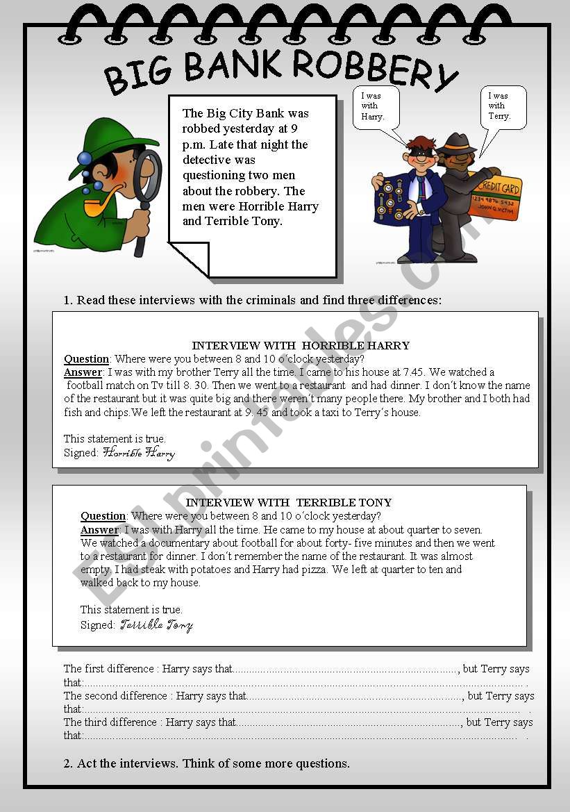 BIG BANK ROBBERY worksheet